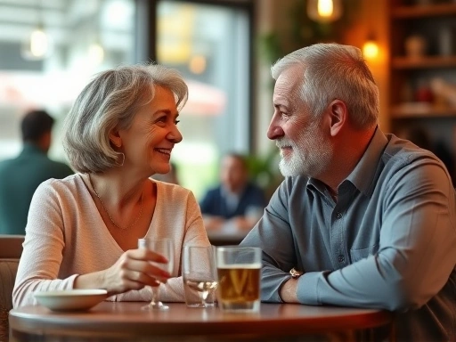 A couple of different ages (older woman, younger man, or older man, younger woman) having a deep and comfortable conversation in a cozy cafe, emphasizing understanding and connection, with warm lighting and a relaxed atmosphere. Keywords: age-gap relationship, communication, understanding, respect, couple. 