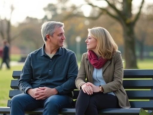 A serene couple in a park, sitting on a bench, having an open and honest conversation, depicting trust and understanding, soft natural light.