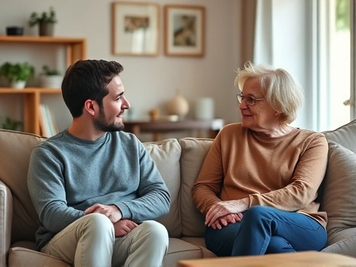 A couple having a calm and respectful conversation, sitting on a sofa in a cozy living room, showing active listening and mutual understanding, gentle light, focus on communication, relationship. 