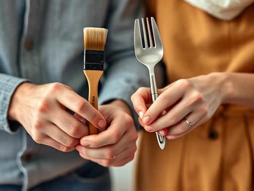 A close-up shot of a couple's hands, one holding a paintbrush and the other a cooking utensil, symbolizing different hobbies blending together, showing collaboration and new experiences.