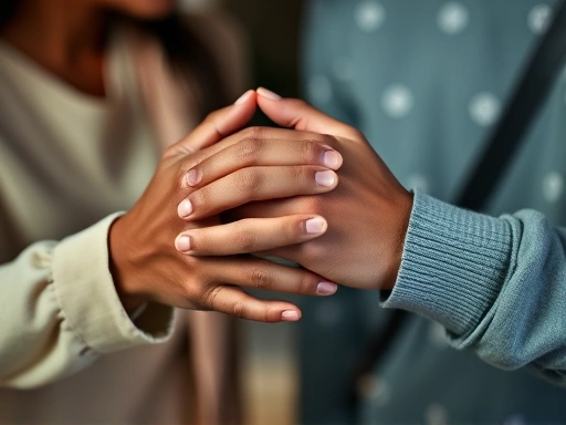 Close-up of a diverse couple's hands gently clasped during a deep conversation, symbolizing trust and connection, soft lighting, focus on intimacy and emotional support, expressive hands. 