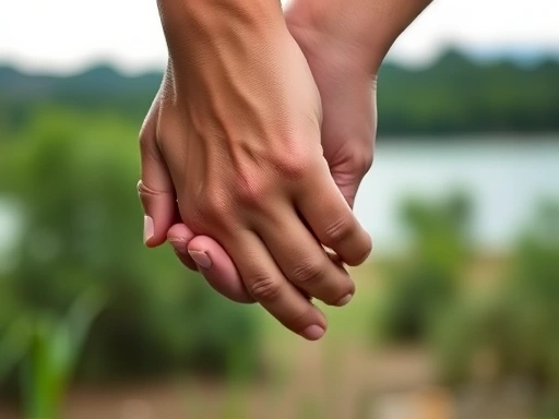 Close-up of two hands gently intertwined, with a blurred background of a tranquil natural setting, symbolizing trust, support, and lasting partnership.
