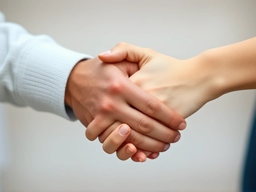 Close-up of two hands gently holding, symbolizing trust and mutual respect in a new relationship, against a subtly blurred background. Emphasize emotional support and secure bond.