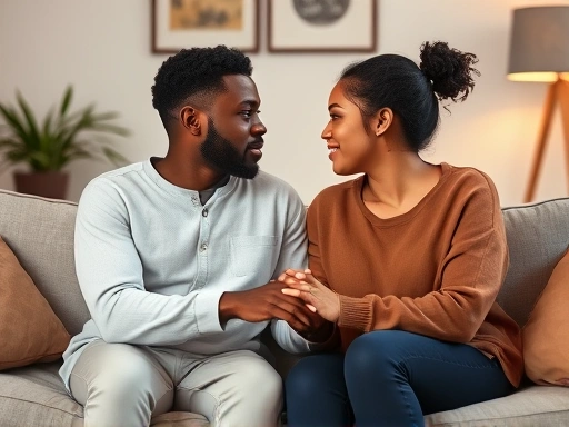 A diverse couple sitting on a cozy sofa, facing each other and engaging in a serious but loving discussion, perhaps holding hands, representing open communication about relationship values. Soft, warm lighting, living room setting, focus on their faces and connection.
