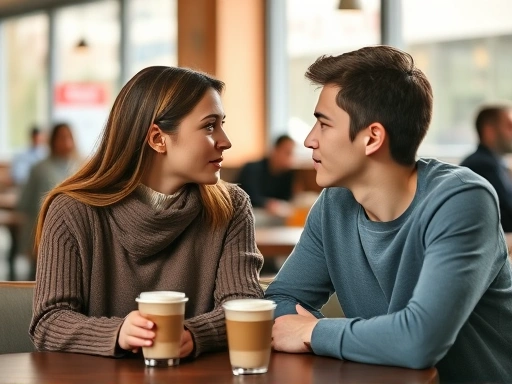 A young couple having a serious but calm conversation at a cozy coffee shop, looking into each other's eyes, focused on defining their relationship with clear communication and mutual understanding.