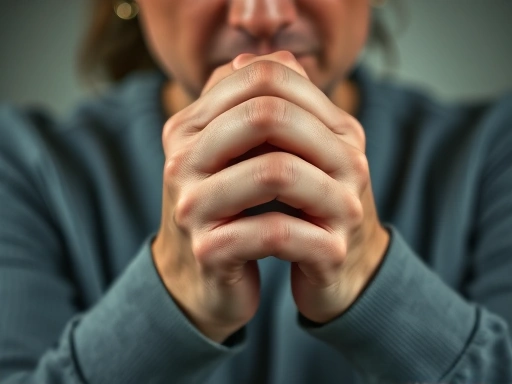 A close-up of a person's hands clasped together, contemplating a relationship, with a thoughtful and slightly anxious expression, symbolizing the internal reflection needed for defining a relationship.