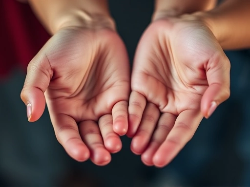Close-up image of two hands, one open and inviting, the other slightly withdrawn, representing the dynamic interplay of secure and anxious/avoidant attachment styles in a relationship, with focus on emotional connection and personal space.