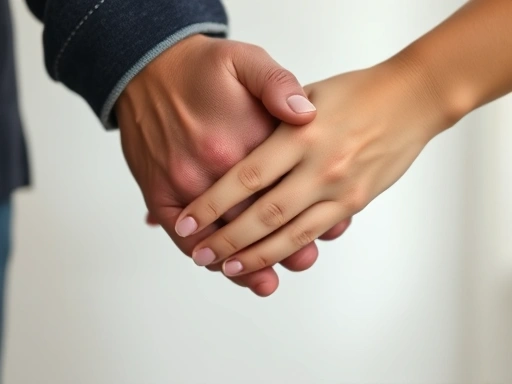 Close-up of two hands gently holding, then slowly separating, symbolizing the end of a relationship with care. The background is softly blurred. Keywords: letting go, gentle separation, emotional closure, breakup symbolism.