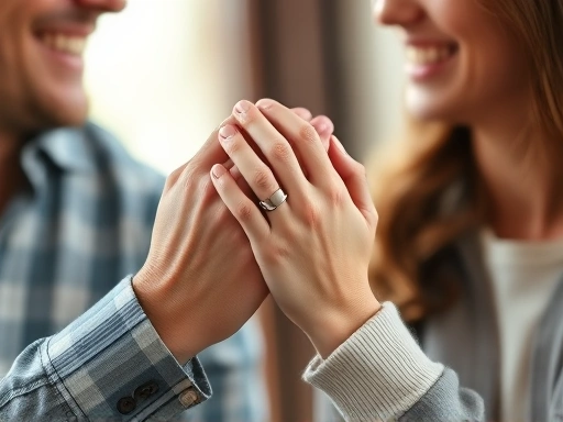 Close-up of two people's hands gently touching while laughing, signifying connection and comfort in a conversation. Soft lighting, warm atmosphere.