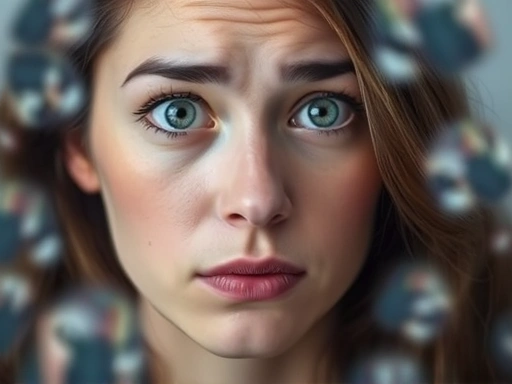 A close-up of a person with a thoughtful expression, surrounded by blurred, ambiguous thoughts, representing the confusion and lingering feelings of an unclear breakup.