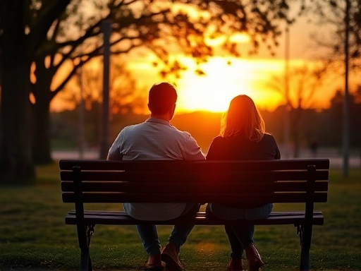 A man and a woman sitting on a park bench, looking at a beautiful sunset, symbolizing a calm and connected long-term relationship, with warm, inviting colors and a hopeful atmosphere.