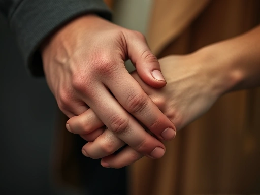 Close-up of two hands gently clasped together, symbolizing trust, connection, and mutual support in a loving partnership, with soft lighting and a warm, intimate feel.