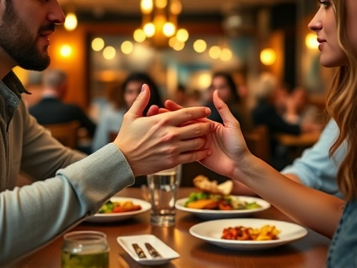A close-up shot of two people's hands subtly gesturing during a engaging conversation over a meal at a casual, inviting restaurant, highlighting the flow and connection of a successful first date.