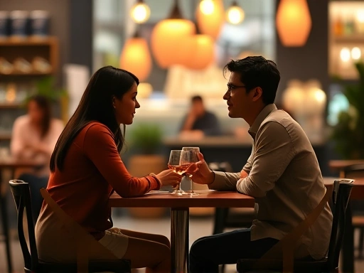 A warm and cozy cafe setting, with two people having a comfortable and intimate conversation at a small table, illustrating the psychological safety of a first date. Soft lighting, blurred background.