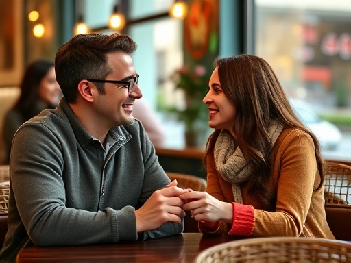 A man and a woman subtly exchanging positive signals during their first meeting, smiling and making eye contact in a cozy cafe setting, conveying warmth and interest.