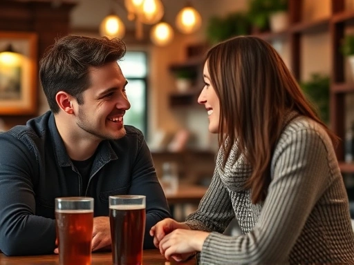 A warm, inviting atmosphere at a cafe, two people smiling and making eye contact, suggesting a successful first date with natural interaction and positive body language, soft lighting, professional photography, focus on connection and engagement.