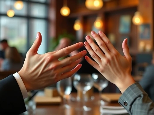 Close-up of two hands subtly gesticulating during conversation, representing active listening and engagement, with a blurred background of a cozy restaurant setting, soft focus on the hands and genuine interaction.
