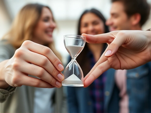 Close-up shot of two hands holding a small hourglass, one hand representing friendship and the other romance, symbolizing delicate time management and balance in relationships, with a blurred background of friends and a couple laughing.