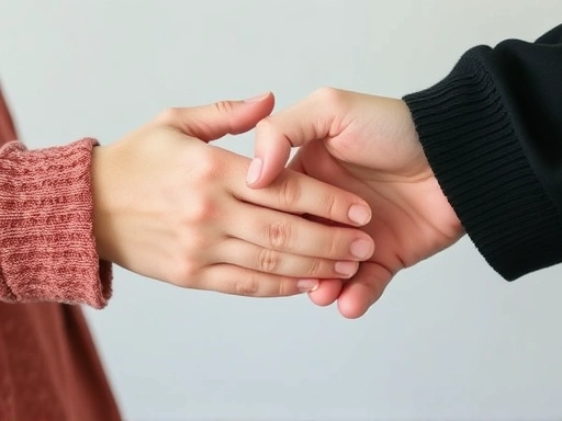 Close-up of hands gently but firmly setting a boundary, symbolizing healthy communication and boundary-setting in a relationship, with a soft, supportive focus on positive interaction and emotional well-being.