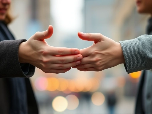 A close-up of two people's hands, one extending gently while the other is slightly withdrawn, symbolizing the push and pull of a relationship, with a background of soft, blurred urban lights.