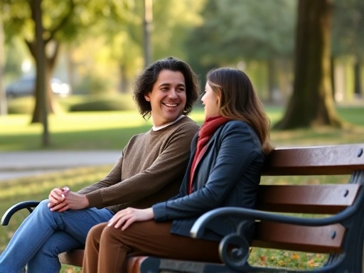 A couple sitting on a park bench, looking at each other smiling, with a subtle personal space between them, suggesting healthy boundaries and independent joy, vibrant and warm light.