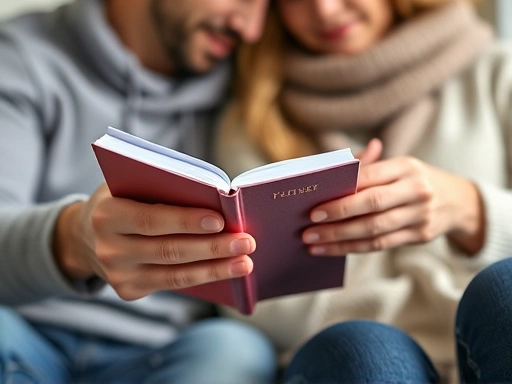 Close-up of hands holding a personal journal or engaging in a hobby like knitting, with a blurred background showing a couple, highlighting the importance of personal space and activities in a relationship.