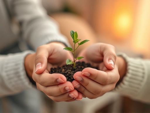 Close-up of two hands gently holding a small plant, symbolizing growth and nurturing in a relationship, with a blurry background of a warm, comforting home environment, focus on the plant and hands.