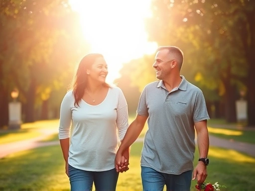 A serene couple holding hands in a sunlit park, with warm, supportive smiles, representing a healthy relationship. Focus on connection and joy.