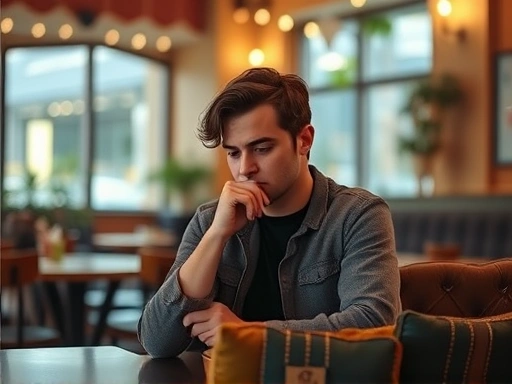 A person sitting alone in a beautifully designed, slightly idealized cafe, looking at a dating app with a thoughtful and slightly disappointed expression. Soft, warm lighting, focus on emotion. Dating, perfectionism, love.
