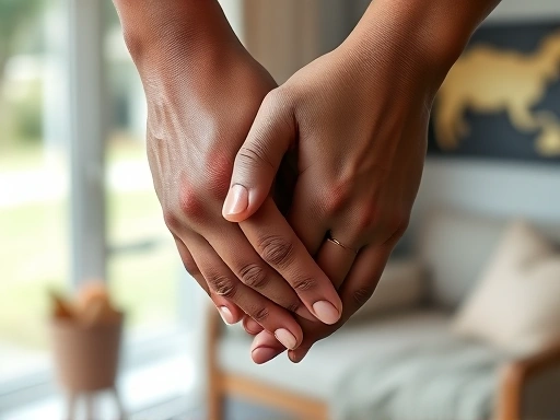 Close-up of two hands gently holding each other, with diverse skin tones, symbolizing connection and acceptance. Blurred background of a park or cozy room. Focus on genuine connection, warmth, understanding, realistic relationships.
