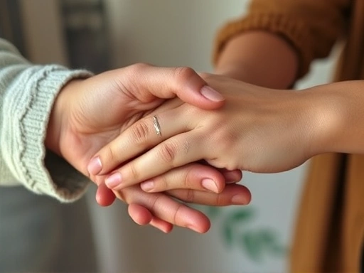 Close-up of two hands from different ethnic backgrounds gently holding each other, symbolizing connection and understanding despite cultural differences, soft focus, warm and reassuring lighting.