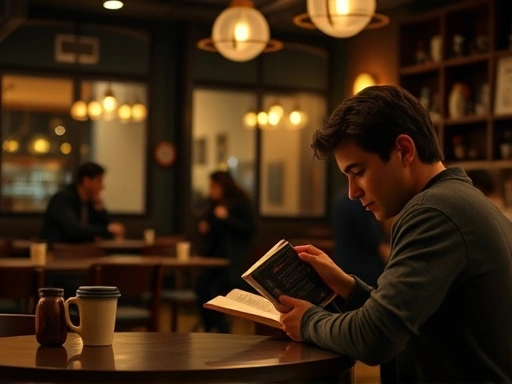 A cozy, dimly lit cafe where an introverted person is quietly reading a book, subtly making eye contact with another person across the room, capturing a moment of potential connection in a calm setting.