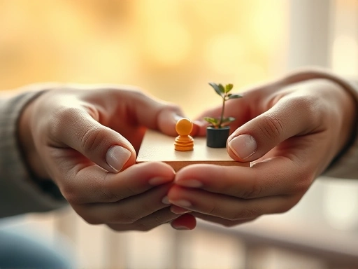 Close-up of two hands gently holding a shared hobby item (e.g., a board game piece or a small plant), symbolizing shared interests and quiet connection, with a soft, warm background.