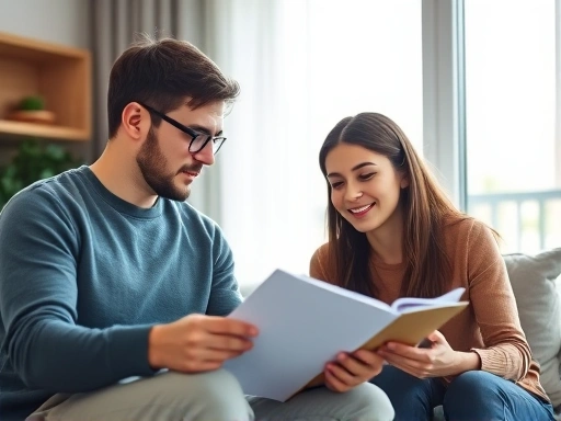 A supportive couple, with one person studying diligently for a job while the other offers comfort and encouragement. Focus on empathy and shared goals, set in a cozy modern apartment. Soft, natural lighting.