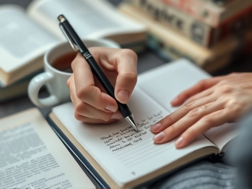Close-up of a person's hands writing thoughtfully in a journal with a pen, surrounded by blurred self-help books and a calming cup of tea, emphasizing deep introspection, personal reflection, and the process of learning and healing after a significant emotional event.