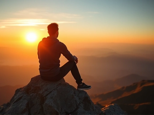 A person sitting on a serene mountain top, looking at a beautiful sunrise, symbolizing personal growth, hope, and new beginnings after overcoming the challenges of a breakup. The scene includes elements of resilience, clarity, and renewed spirit.