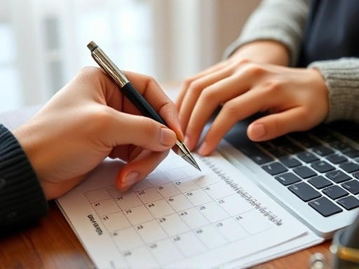 Close-up of two hands, one holding a pen over a calendar and the other resting on a laptop keyboard, symbolizing a long-distance couple planning their next visit or shared future, emphasizing shared goals and commitment. 