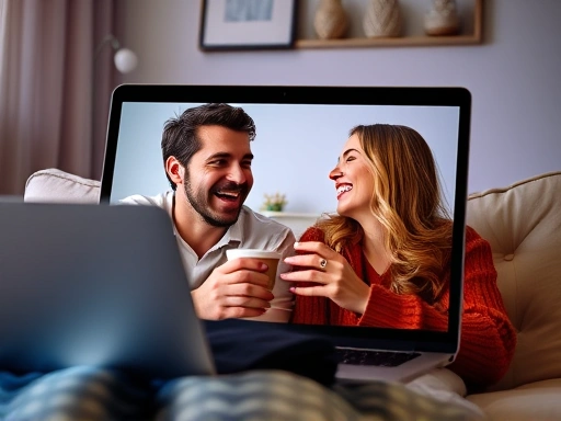 A long-distance couple laughing heartily during a video call on a laptop, with one partner holding a coffee cup, showing genuine connection despite the distance, focusing on communication and happiness. 