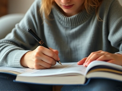 Close-up of a person journaling or engaged in a hobby (e.g., painting, reading) alone but appearing content, symbolizing self-care and personal growth while in a long-distance relationship, calm and peaceful setting.