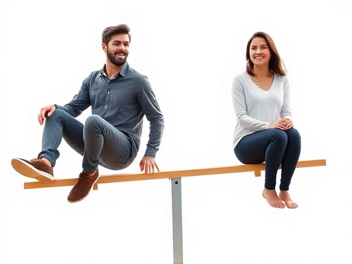 A man and a woman sitting on opposite ends of a seesaw, perfectly balanced, symbolizing a healthy, independent yet connected relationship, with a bright background. Focus on connection and balance.