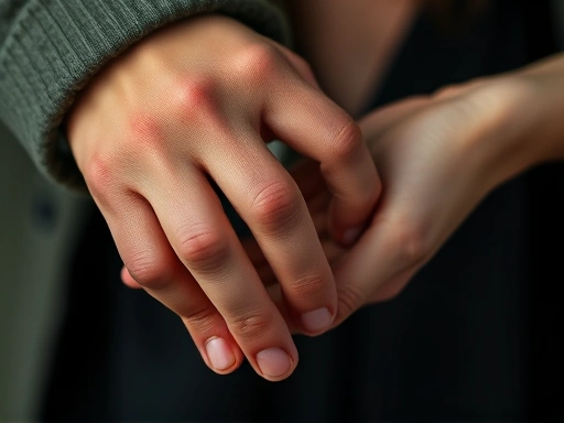 A close-up shot of two hands gently holding each other, symbolizing support and connection in a relationship, but with one hand slightly more hesitant or withdrawn, indicating underlying insecurity. The focus should be on the subtle nuances of touch and vulnerability.