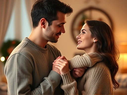 A man holding a woman's hand, looking into her eyes with deep affection, in a warm, cozy setting, conveying true love and connection.