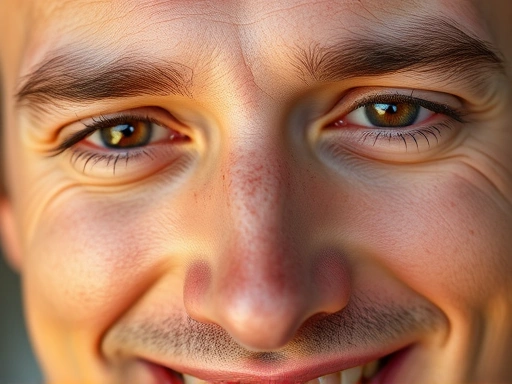 Close-up of a man's face, showing gentle, warm eyes and a soft smile, reflecting deep emotional vulnerability and sincerity.