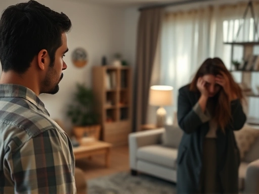 A man looking distant and detached, subtly pulling away from a distraught woman in a living room, highlighting emotional detachment as a breakup sign.