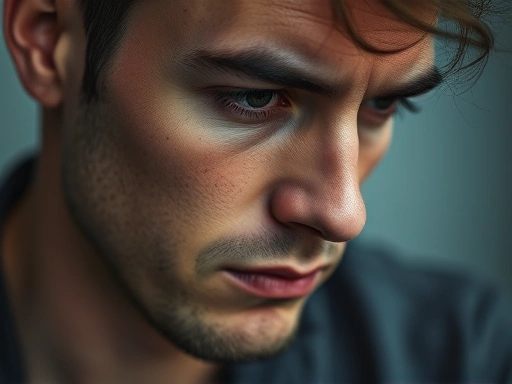 A close-up shot of a man's face, with a pensive expression, deep in thought, as if reflecting on past memories and feelings for his ex, showing subtle emotional vulnerability and the psychological impact of a breakup.