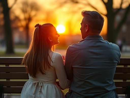A man and woman sitting together on a park bench, looking at a beautiful sunset, deep in conversation about their future, with a serene and hopeful expression. The image captures intimacy and long-term planning, reflecting a serious relationship intention. Focus on natural light and warm colors.
