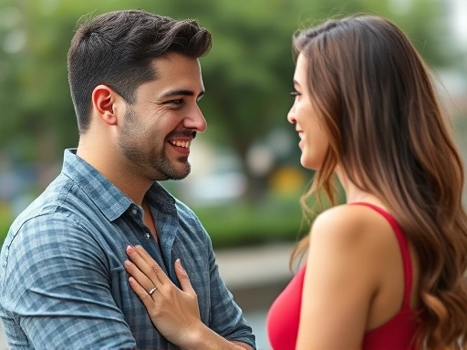 A man subtly mirroring a woman's posture and maintaining sustained eye contact, with a slight smile, in a casual outdoor setting, detailed facial expressions, body language, non-verbal cues.