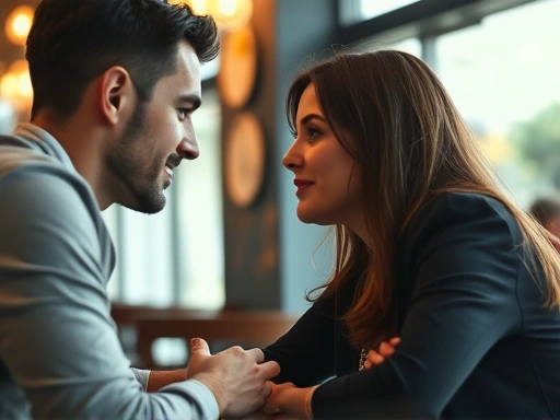A man actively listening and leaning in during a conversation with a woman in a cafe, showing genuine interest, soft lighting, close-up, natural expressions, behavioral cues, romantic interest.