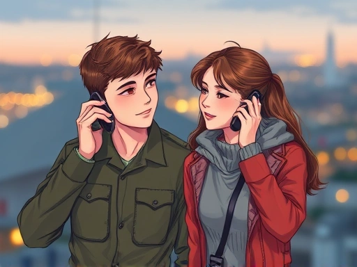 A realistic illustration of a young couple, one in military uniform and the other in casual clothes, talking on the phone with a sense of connection despite distance, set against a backdrop of blurred military base and city lights, symbolizing psychological connection. Focus on their facial expressions showing warmth and understanding.