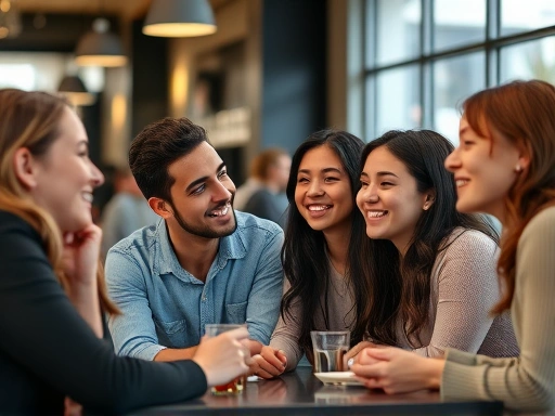A diverse group of friends smiling and engaging in light-hearted conversation at a cafe, showing warm and friendly interactions, natural expressions, soft lighting, capturing genuine connection.